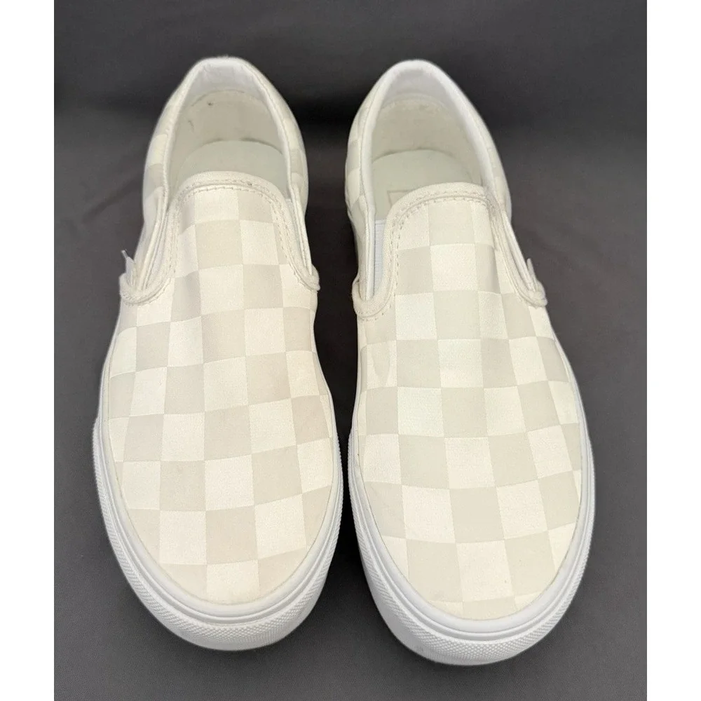 Vans Classic Slip-On Shoe Womens Size 7 Ivory Stackform Checkerboard Satin